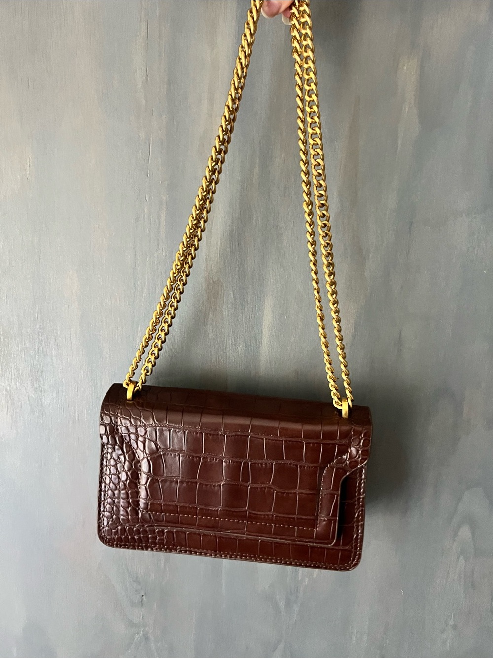 Mango Croc-Embossed Shoulder Bag in Chocolate Brown with Gold Chain